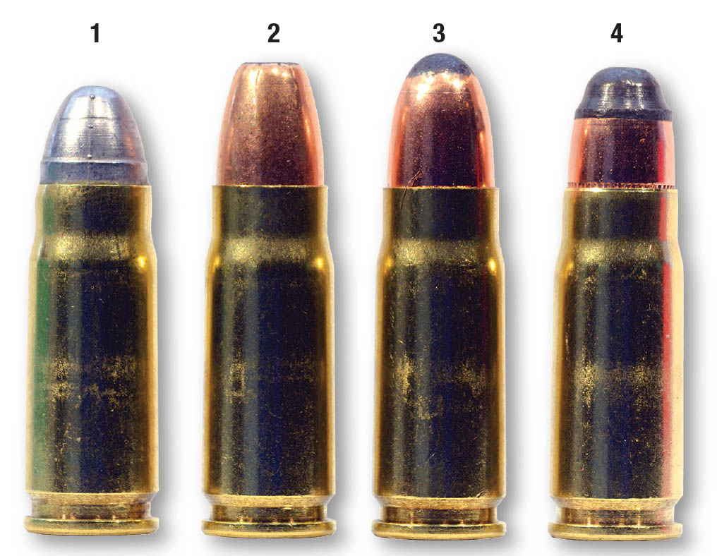 Handloaded bullets tested include a (1) 82-grain cast (Hayley), (2) PPU 85 JHP, (3) Sierra 85 SP and a (4) Hornady 86 SP/RN. The Hornady bullet was slightly deformed by the bullet seater.